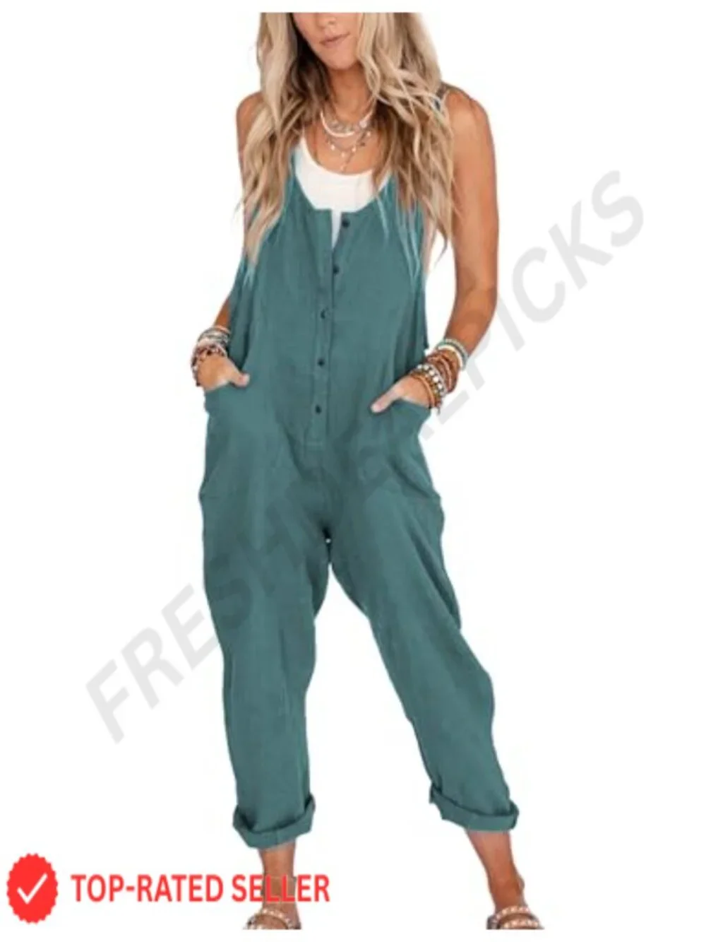 Women's Linen Cotton Overalls Jumpsuit Loose Casual with Pockets